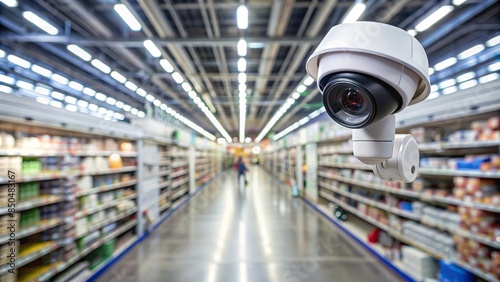 Security camera in a store aisle, surveillance, monitoring, CCTV, technology, safety, protection