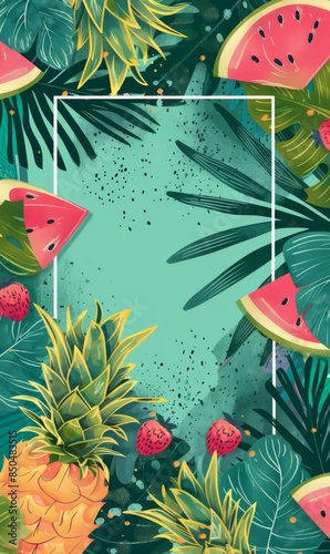 Template for summer tropical party poster with floral frame