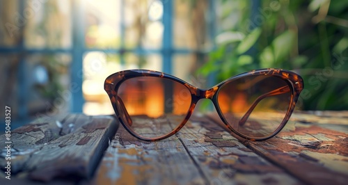 Brown Cat-Eye Sunglasses Resting on a Wooden Surface With a Blurry Sunlit Bac...