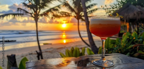 Tropical Sunset Cocktail on Beachside Table With Palm Trees