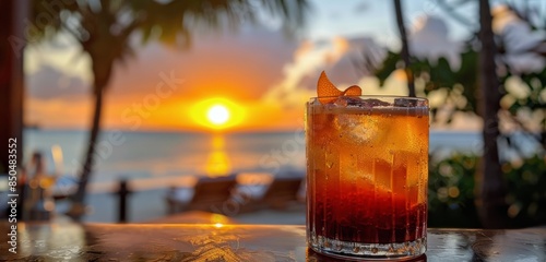 Tropical Sunset Cocktail on Beachside Table With Palm Trees