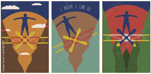 Boho Groovy retro aviation aesthetic. Simple Minimalism style wing walking posters set. Collection of Stuntman stunt placard in trendy retro stylish. Pastel colors vector illustration. EPS 10
