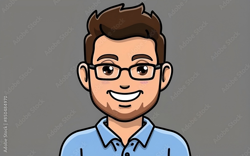 male cartoon character smiling at the camera, in front of a gray background