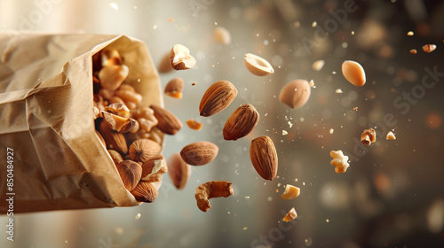 Nutty Delight: High Resolution Image of Nuts Flying from a Paper Bag
