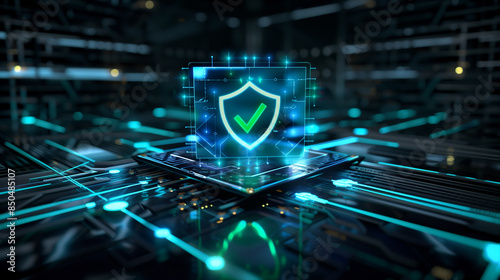 Cutting-Edge Security: Holographic Shield with Green Check on Circuit-Lined Table