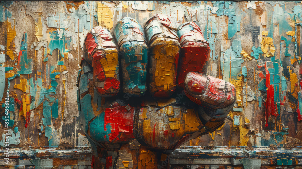 Fototapeta premium Colorful 3D Fist Collage Artwork with Abstract Textured Background