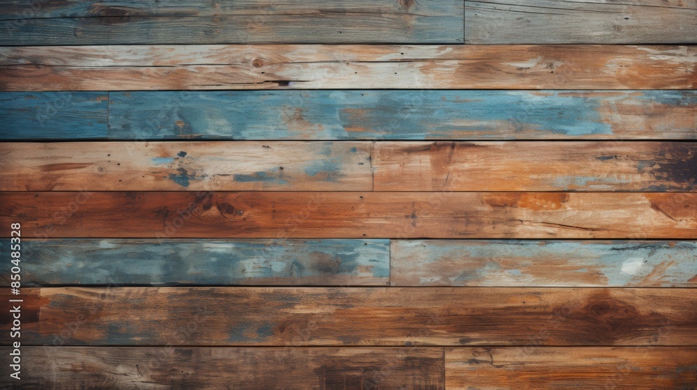 Fototapeta premium Aged and weathered wooden planks painted in vibrant blue, turquoise, and brown hues showcasing texture and patterns
