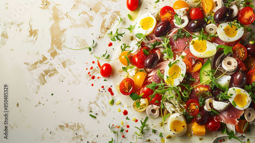 Vivid and Bold: Artistic Presentation of Nicoise Salad on Light Wooden Surface