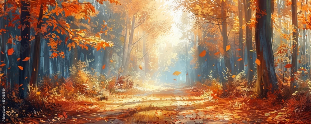 A tranquil forest in autumn, artistic brush strokes, warm hues, wide-angle shot, peaceful and nostalgic style, falling leaves and sun rays, impressionist landscape