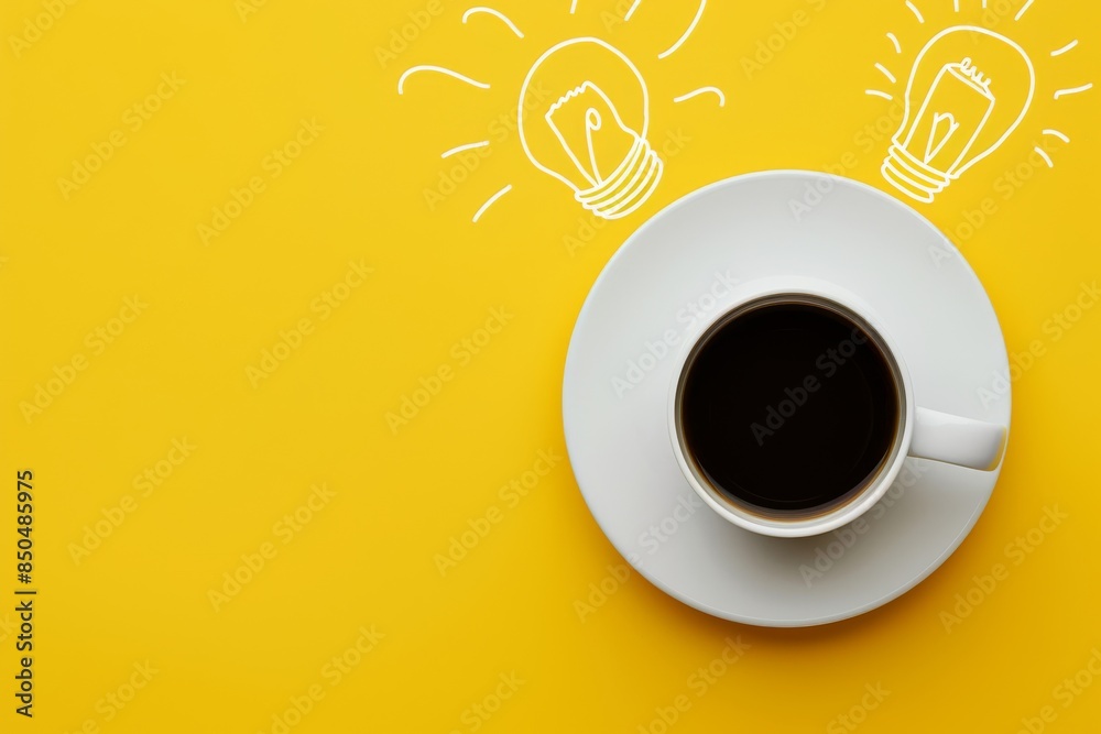 White coffee cup on yellow background with lightbulbs representing ideas and creativity White coffee cup on yellow background with lightbulbs representing ideas and creativity