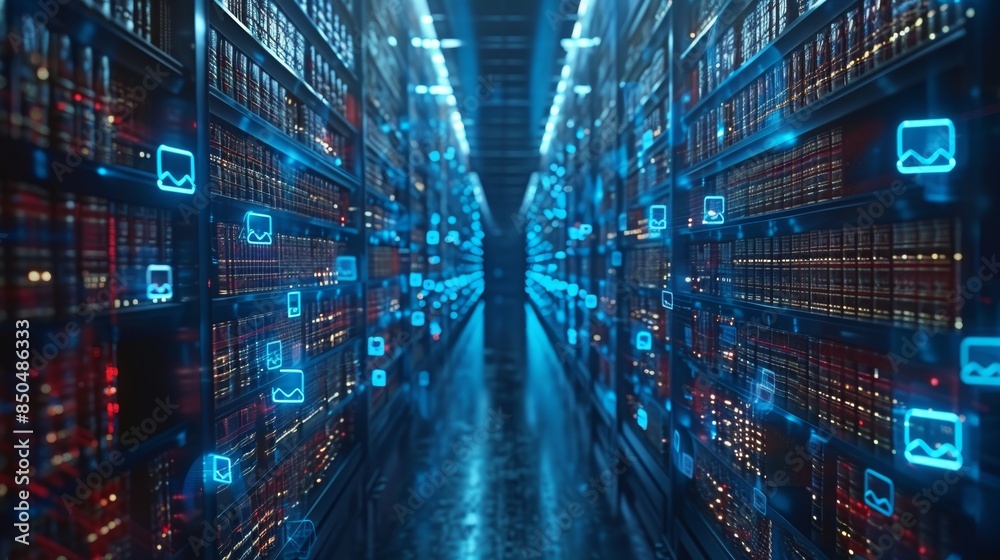 Futuristic Digital Archive Storage Racks with Glowing 3D Icons in Modern Data Center Futuristic Digital Archive Storage Racks with Glowing 3D Icons in Modern Data Center