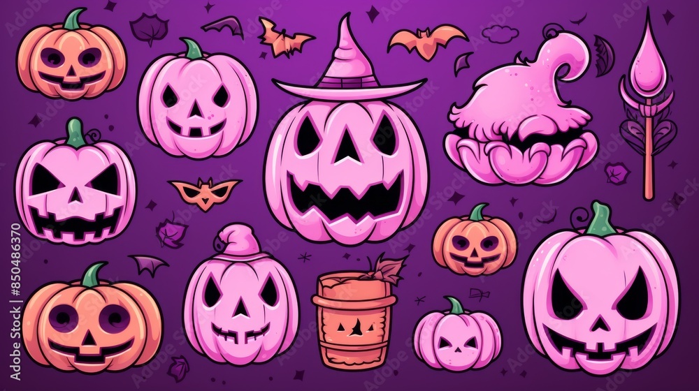 A collection of Halloween-themed pumpkins and mythical creatures arranged in a pattern on a purple background A collection of Halloween-themed pumpkins and mythical creatures arranged in a pattern on a purple background