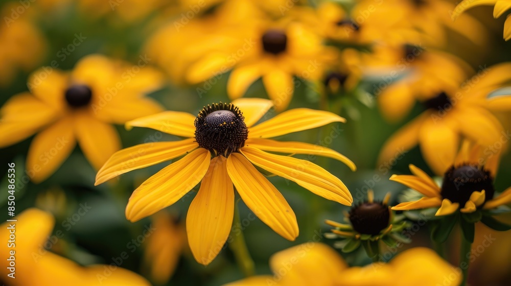 Close up of Yellow Rudbeckia Flowers in a Garden with Prominent Brown Center Seeds Close up of Yellow Rudbeckia Flowers in a Garden with Prominent Brown Center Seeds