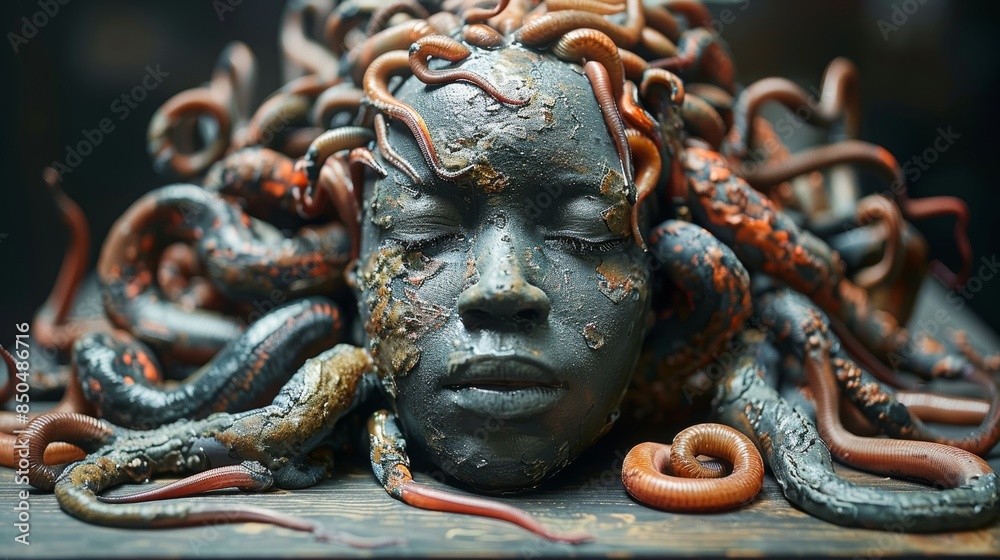 Artistic Portrait of a Woman with Earthworms on Head for Surreal Concept Art Artistic Portrait of a Woman with Earthworms on Head for Surreal Concept Art