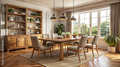 Cozy dining room with wooden table, chairs, and elegant decor, dining room, cozy, interior design, home decor, elegant