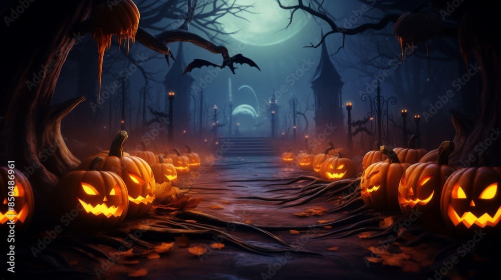 A mystical Halloween path lit by carved pumpkins, leading towards a distant, imposing haunted mansion A mystical Halloween path lit by carved pumpkins, leading towards a distant, imposing haunted mansion