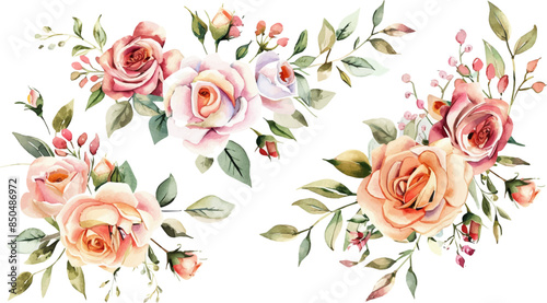 Rose watercolor floral set on isolated background. Beautiful rose floral background.