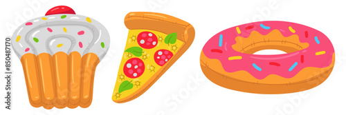 A set of a swimming circle in the shape of a cupcake, a slice of pizza and a donut. These colorful inflatable float cushion are perfect for a summer themed pool party. Isolated vector illustration
