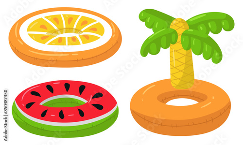 A set of swimming circles in the form of a palm tree, half a watermelon, half an orange. These inflatable float cushions are perfect for a summer themed pool party. Isolated vector illustration