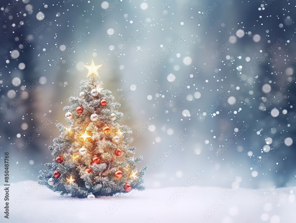 custom made wallpaper toronto digitalChristmas winter blurred background. Xmas tree with snow decorated with garland lights, holiday