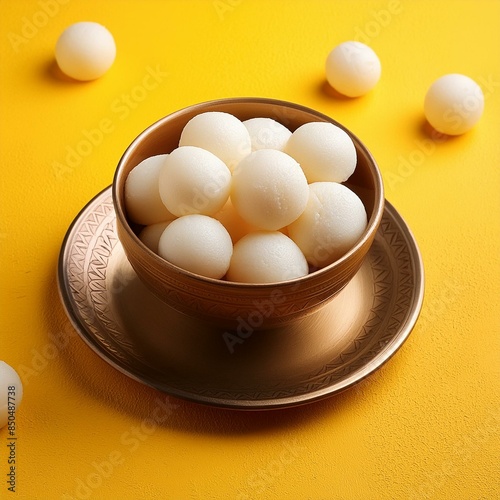 Indian popular bengali sweet food rasgulla also called rosogolla or rassgulla on yellow background photo