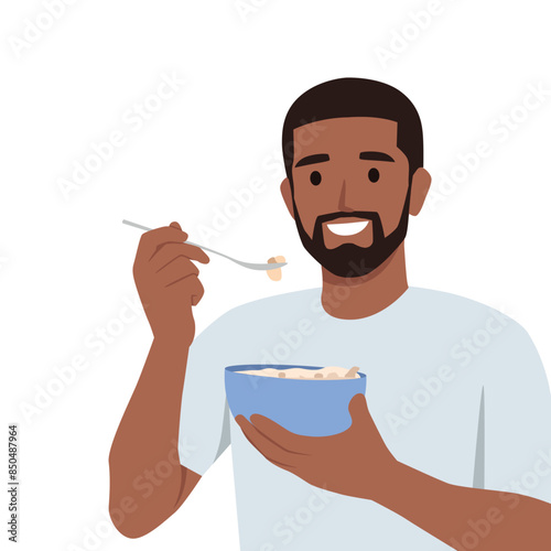 Young male sitting at table and eat with cereal and milk. Flat vector illustration isolated on white background