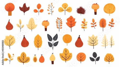 A collection of flat design autumn-themed vector elements, featuring various leaves, trees, and seasonal graphics
