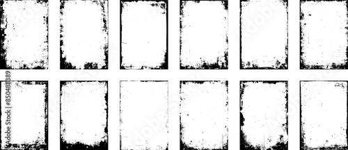 Overlay textures set stamp with grunge effect. Old damage Dirty grainy and scratches. Set of different distressed black grain texture. Distress overlay vector textures.