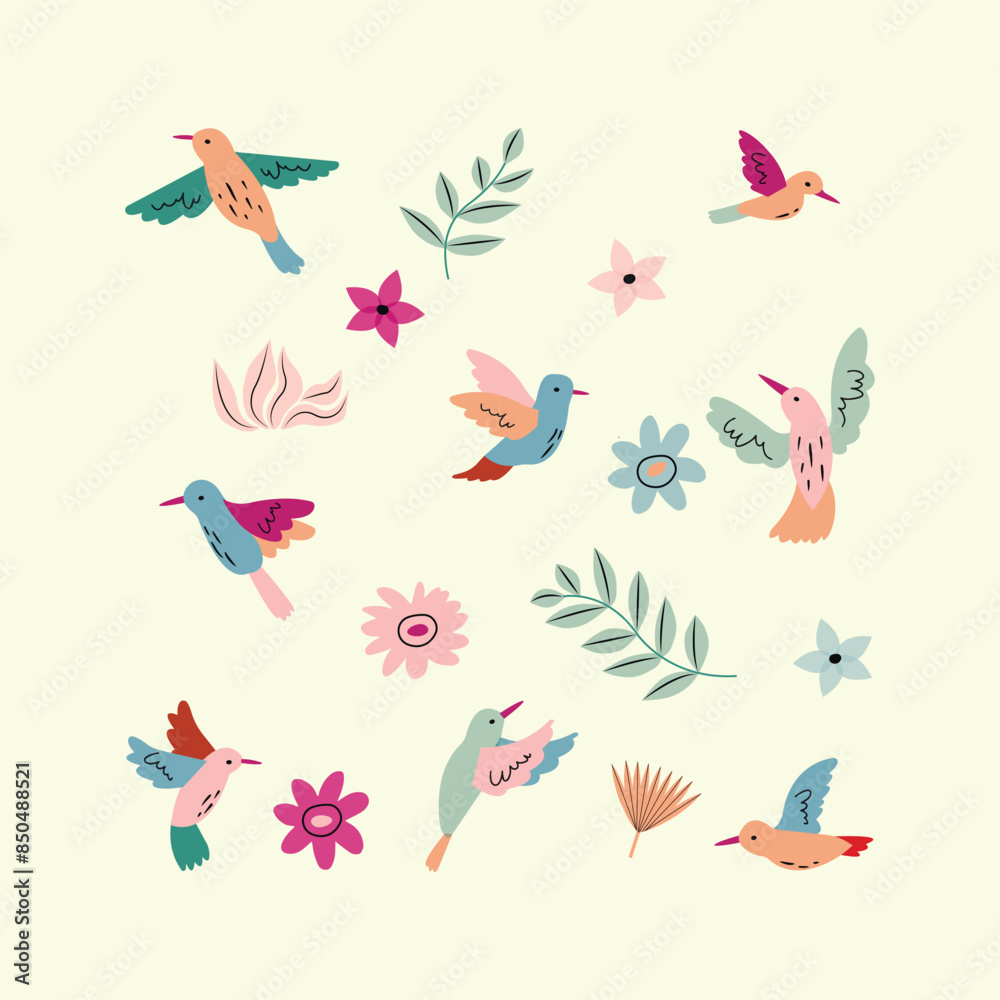 Fototapeta premium collection of birds and flowers