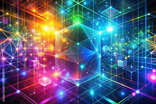 Colorful abstract cyberspace with glowing geometric shapes, futuristic, horizontal,abstract, cyberspace, glowing, random
