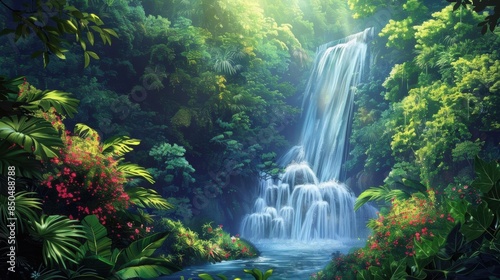 Serene waterfall cascading through lush tropical rainforest.