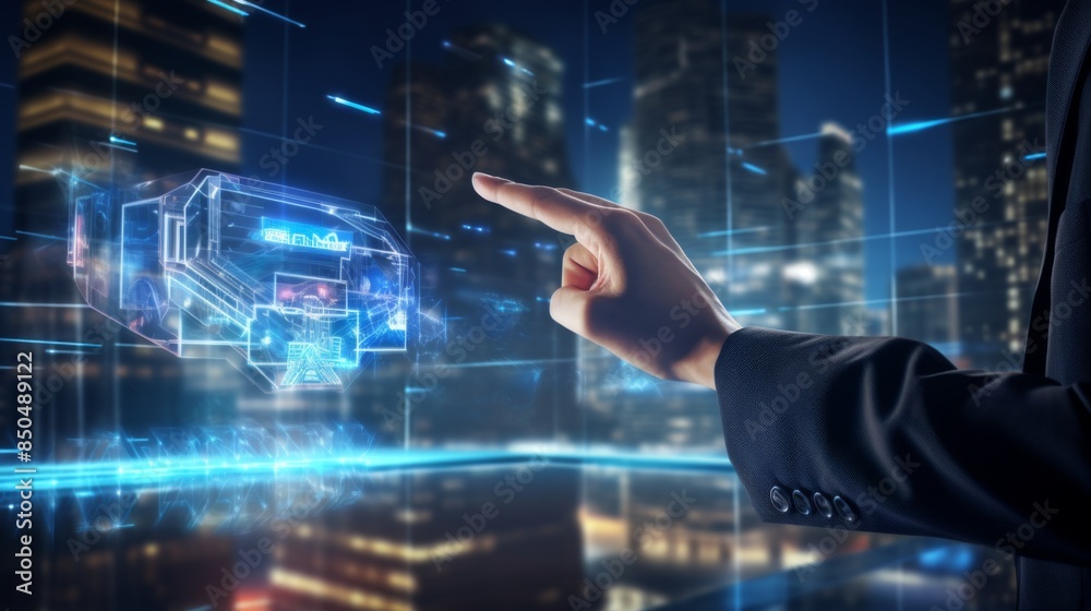 A well-dressed person points at an intricate holographic tech interface, emphasizing high-tech industry and futuristic design A well-dressed person points at an intricate holographic tech interface, emphasizing high-tech industry and futuristic design
