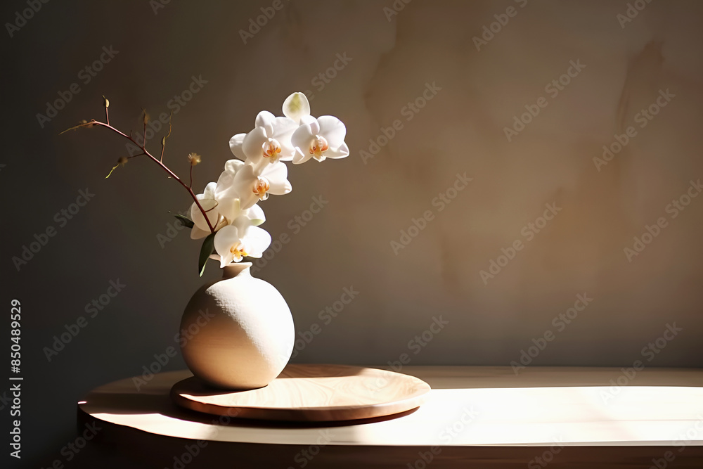 Obraz premium Beautiful blooming orchid in vase on round wooden podium with empty space. Beige background with copy space for your design. Product and advertising