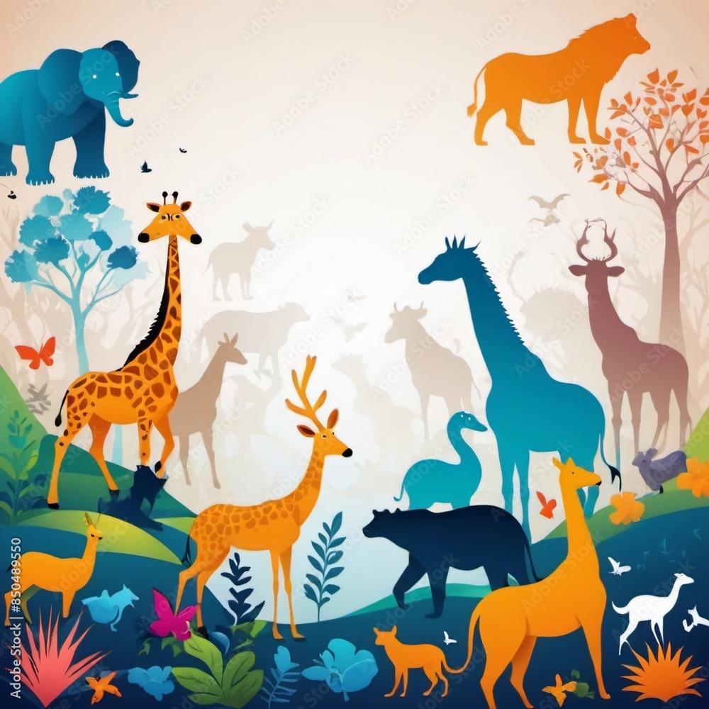 A detailed illustration featuring a variety of animals, including mammals, birds, and reptiles, set against a backdrop of lush vegetation A detailed illustration featuring a variety of animals, including mammals, birds, and reptiles, set against a backdrop of lush vegetation