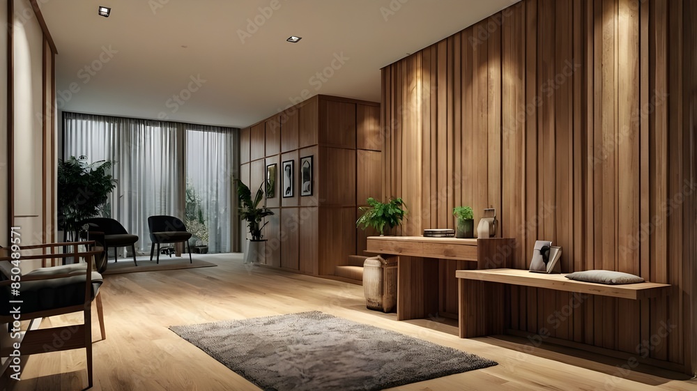 Interior stylish modern wooden entrance hallway decor with cozy wooden tone, contemporary home with furniture desk, stand and shoe bench. Interior stylish modern wooden entrance hallway decor with cozy wooden tone, contemporary home with furniture desk, stand and shoe bench.
