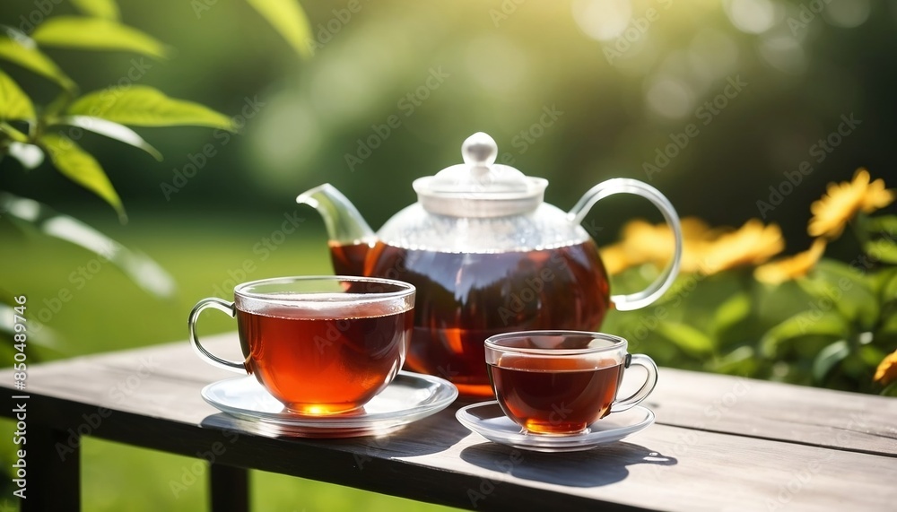 Black tea in glass cup and teapot on summer outdoor background,vector illustration created with generative ai. Black tea in glass cup and teapot on summer outdoor background,vector illustration created with generative ai.