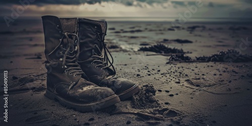 A pair of vintage military boots resting on a sandy beach with a moody, overcast sky. The scene evokes a sense of history and solitude, with the beach setting adding to the somber atmosphere.