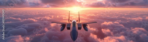 Advanced fighter jet soaring above the clouds at sunset, showcasing sleek design and power, military aviation in a dramatic sky photo