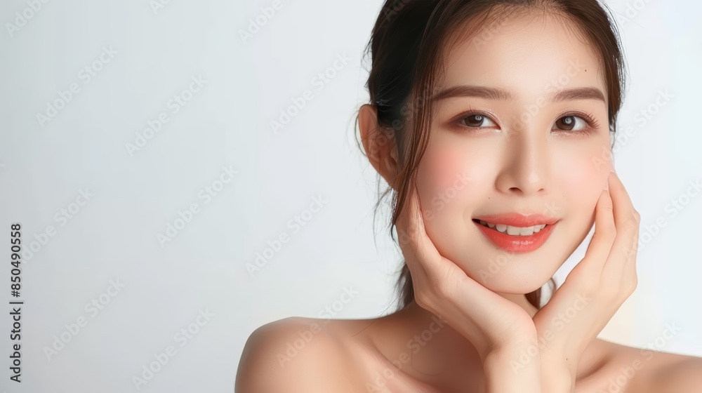 A beautiful young woman with flawless skin smiles gently at the camera, her hands resting on her cheeks. A beautiful young woman with flawless skin smiles gently at the camera, her hands resting on her cheeks.