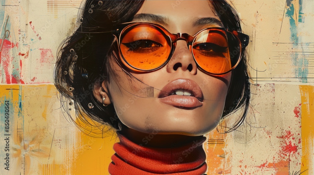 Era of the 70s with a retro collage featuring a portrait of a woman. Nostalgic charm of vintage aesthetics Era of the 70s with a retro collage featuring a portrait of a woman. Nostalgic charm of vintage aesthetics