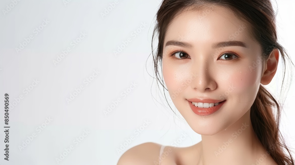 A beautiful young woman with flawless skin and a bright smile looks directly at the camera. She has a natural, healthy glow. A beautiful young woman with flawless skin and a bright smile looks directly at the camera. She has a natural, healthy glow.
