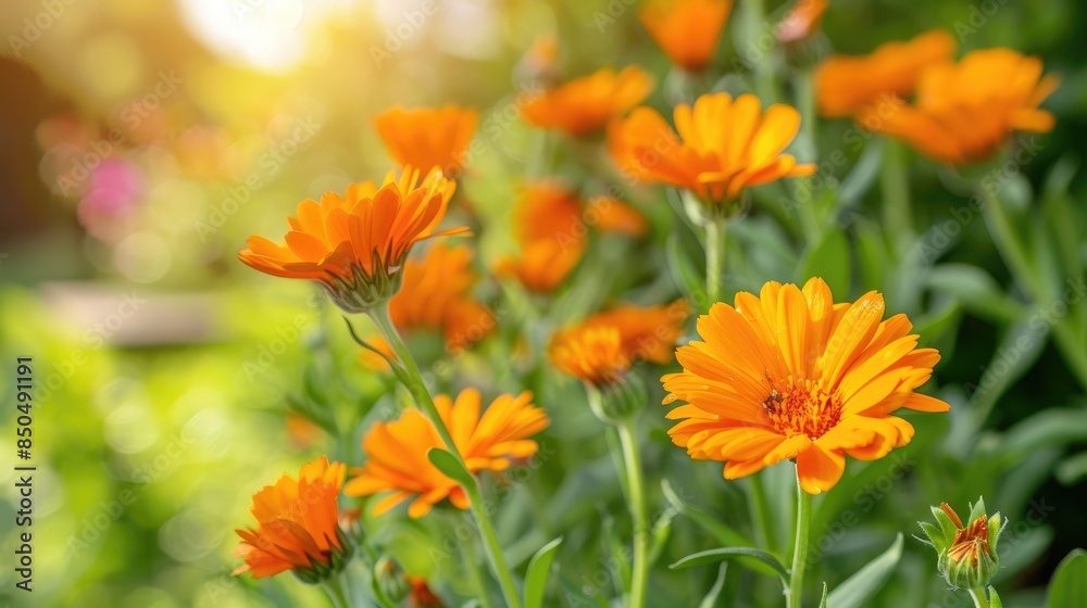 Close up view of lovely orange calendula flowers in a country garden flowerbed Close up view of lovely orange calendula flowers in a country garden flowerbed