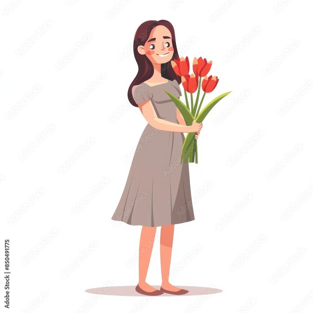 Cheerful Young Woman Holding a Bouquet of Red Tulips - Illustration of Springtime Joy - Generative AI Cheerful Young Woman Holding a Bouquet of Red Tulips - Illustration of Springtime Joy - Generative AI