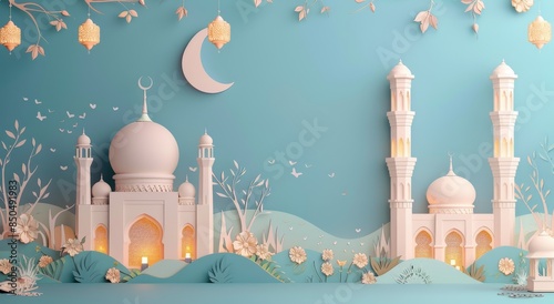 White Mosque With Paper Cutout Design and Crescent Moon in Blue Background