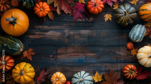 A variety of colorful pumpkins surrounded by autumn leaves on a dark wooden surface, embodying the fall season