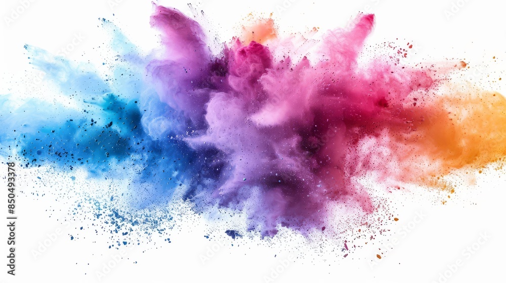 Vivid Illustration of a Dynamic Explosion of Blue, Purple, and Orange Colors Against White Background. Vivid Illustration of a Dynamic Explosion of Blue, Purple, and Orange Colors Against White Background.