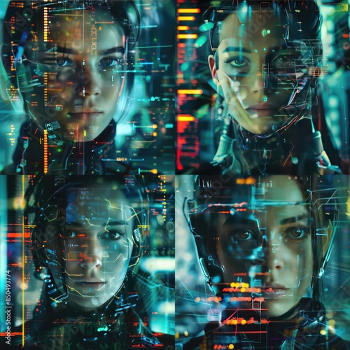 Wallpaper Mural A technological illustration of a concentrated Asian woman surrounded by numerous light holographic effects, sparkling all around. Torontodigital.ca