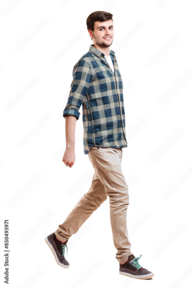 A young man is walking, wearing a blue plaid shirt and beige pants. He is smiling and appears confident. This image is suitable for lifestyle, fashion, or casual activity themes.