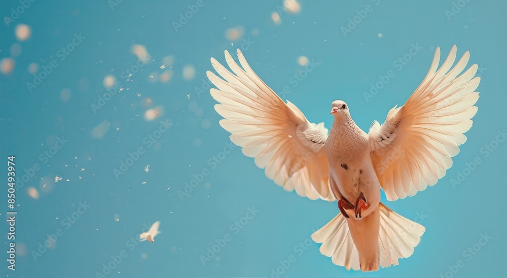 Fototapeta premium White Dove Soaring in a Blue Sky