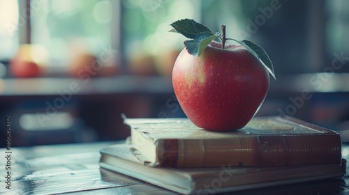 A Red Apple Resting on a Textbook in a Classroom